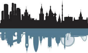 Moscow silhouette skyline with London reflection