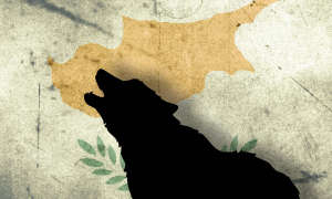 black dog howling at grungey Cyprus flag