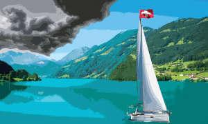 boat with Swiss flag
