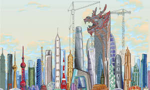 Asia skyline with dragon