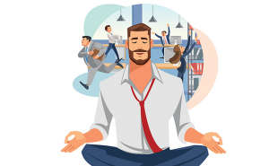 meditating businessman in hectic office