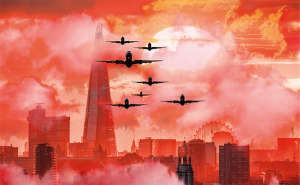City with red sky and planes