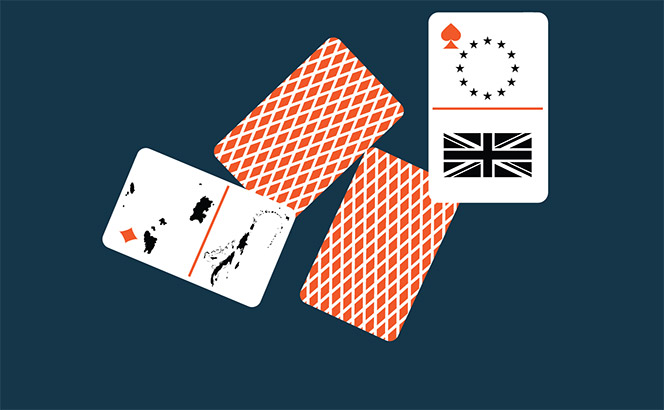 playing cards with Channel Islands map and UK/Brexit images