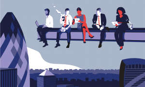 City of London with businesspeople on girder